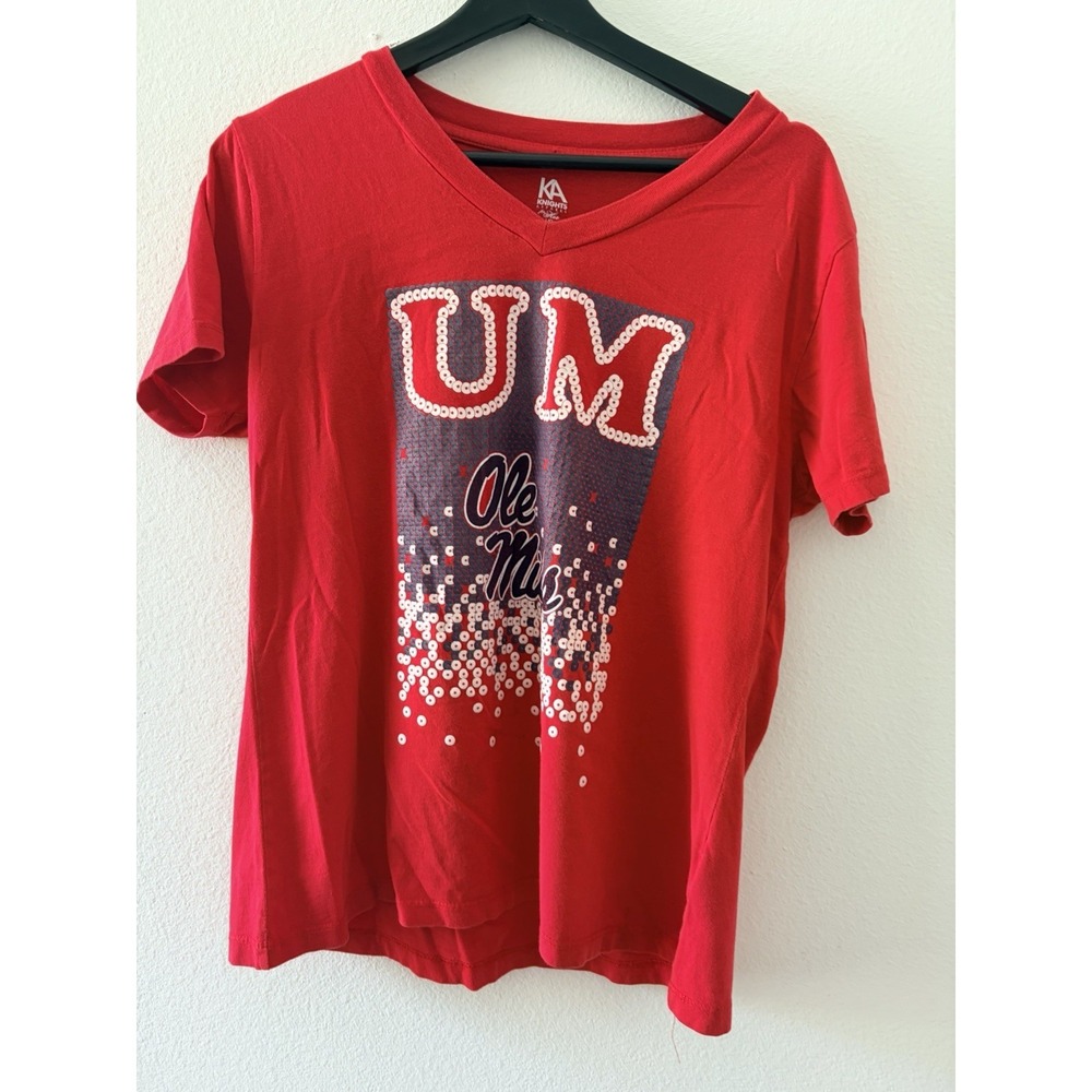Ole Miss Rebels V-Neck T-Shirt Women's Large (12/14) Red Sequin Graphic Tee
